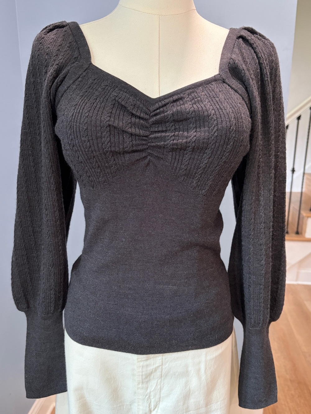 Sandro Paris Paula Wool Blend Sweetheart Knit Sweater Gray NWT